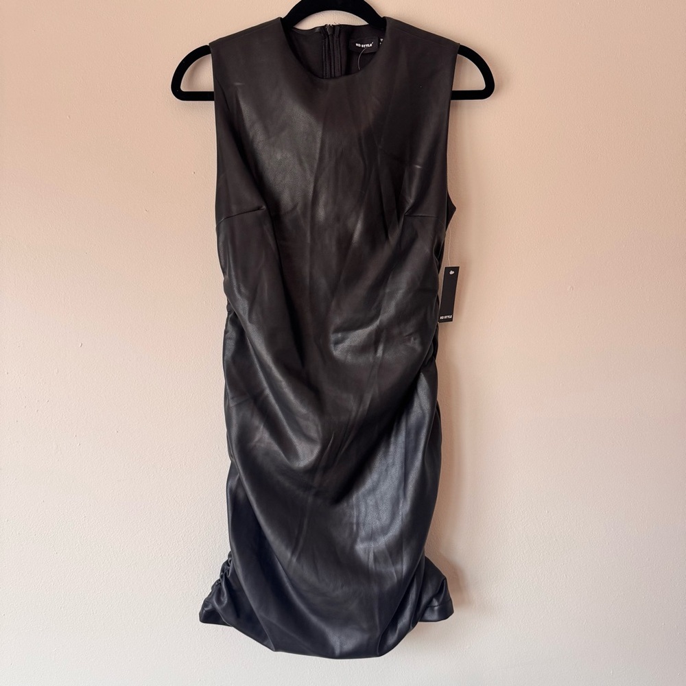 RD Style Black Faux Leather Ruched Mini Dress Sleeveless Bodycon Size M NWT